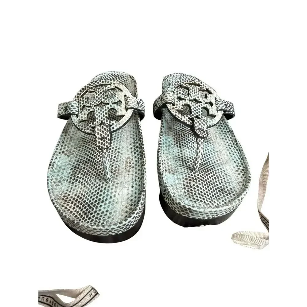 NEW Tory Burch Miller Cloud Lug Sandals Snake Print Leather Thong Slides US 9.5